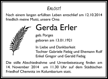 Todesanzeige von Gerda Erler von Chemnitz