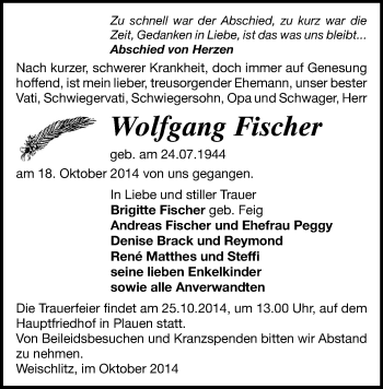 Todesanzeige von Wolfgang Fischer von Plauen