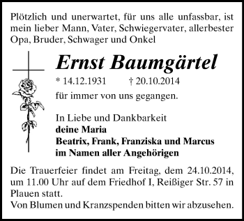 Todesanzeige von Ernst Baumgärtel von Plauen