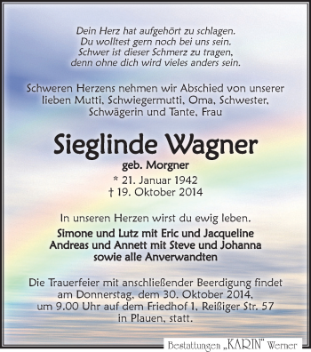 Todesanzeige von Sieglinde Wagner von Plauen