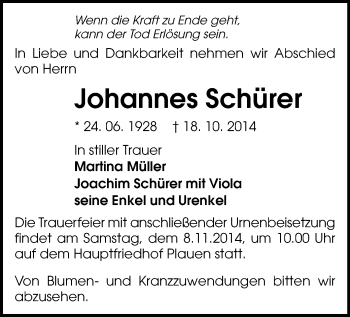 Todesanzeige von Johannes Schürer von Plauen
