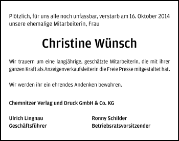Todesanzeige von Christine Wünsch von Annaberg, Chemnitz, Plauen, Zwickau, Freiberg / Brand Erbisdorf
