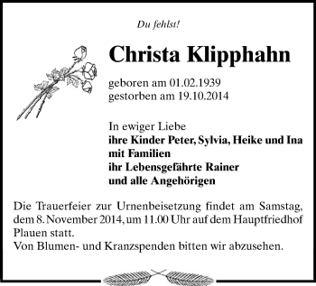 Todesanzeige von Christa Klipphahn von Plauen