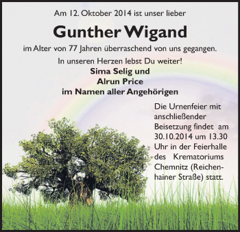 Todesanzeige von Gunther Wigand von Chemnitz