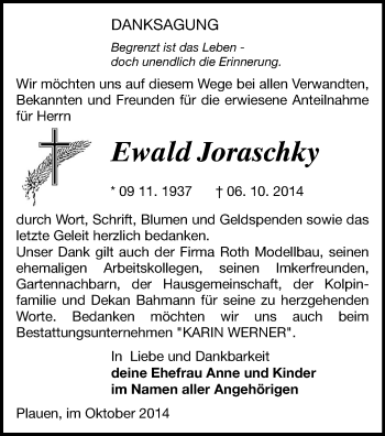 Todesanzeige von Ewald Joraschky von Plauen