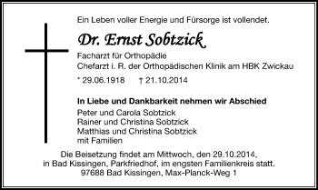 Todesanzeige von Ernst Sobtzick von Zwickau