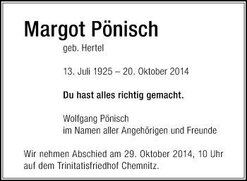 Todesanzeige von Margot Pönisch von Chemnitz