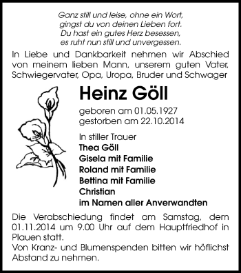 Todesanzeige von Heinz Göll von Plauen