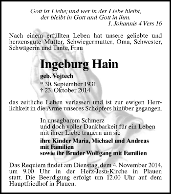 Todesanzeige von Ingeburg Hain von Plauen