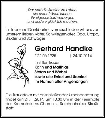 Todesanzeige von Gerhard Handke von Chemnitz