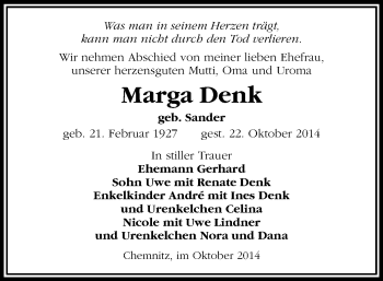 Todesanzeige von Marga Denk von Chemnitz