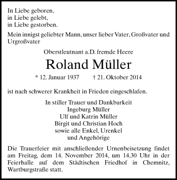 Todesanzeige von Roland Müller von Chemnitz