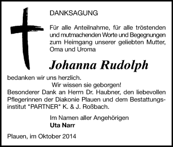 Todesanzeige von Johanna Rudolph von Plauen