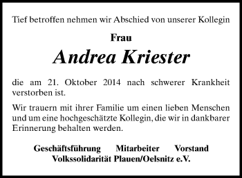 Todesanzeige von Andrea Kriester von Plauen, Reichenbach