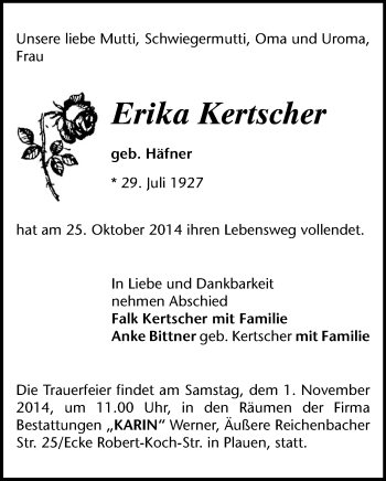 Todesanzeige von Erika Kertscher von Plauen