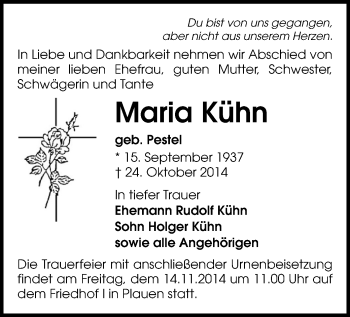 Todesanzeige von Maria Kühn von Plauen