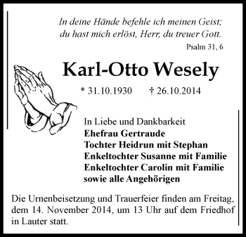 Todesanzeige von Karl-Otto Wesely von Aue