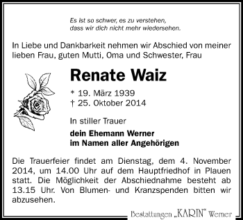 Todesanzeige von Renate Waiz von Plauen