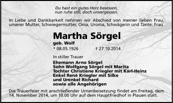 Todesanzeige von Martha Sörgel von Plauen