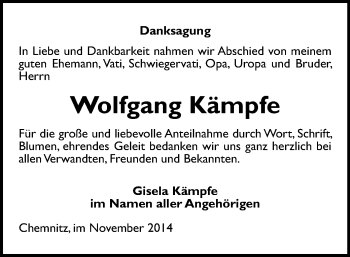 Todesanzeige von Wolfgang Kämpfe von Chemnitz