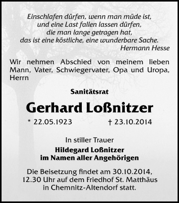 Todesanzeige von Gerhard Lollnitzer von Chemnitz
