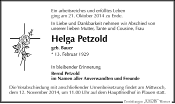 Todesanzeige von Helga Petzold von Plauen