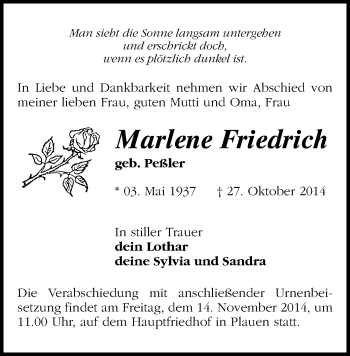 Todesanzeige von Marlene Friedrich von Plauen