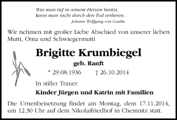 Todesanzeige von Brigitte Krumbiegel von Chemnitz