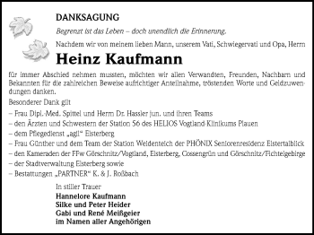 Todesanzeige von Heinz Kaufmann von Plauen