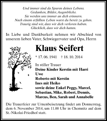 Todesanzeige von Klaus Seifert von Chemnitz