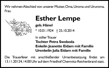 Todesanzeige von Esther Lempe von Chemnitz