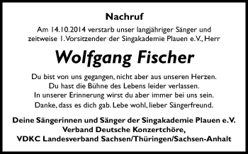 Todesanzeige von Wolfgang Fischer von Plauen