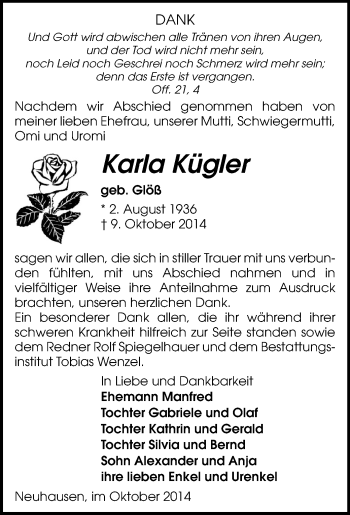 Todesanzeige von Karla Kügler von Marienberg