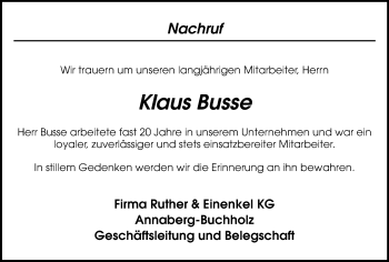 Todesanzeige von Klaus Busse von Annaberg