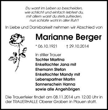 Todesanzeige von Marianne Berger von Plauen