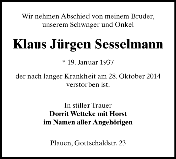 Todesanzeige von Klaus Jürgen Sesselmann von Plauen