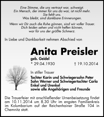 Todesanzeige von Anita Preisler von Chemnitz