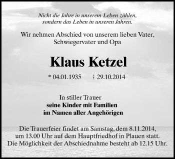 Todesanzeige von Klaus Ketzel von Plauen