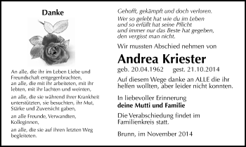 Todesanzeige von Andrea Kriester von Plauen, Reichenbach