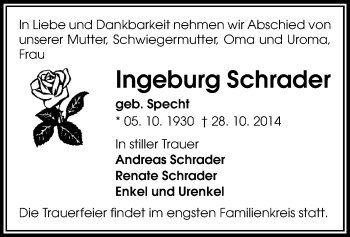Todesanzeige von Ingeburg Schrader von Rochlitz
