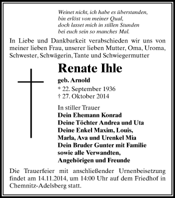 Todesanzeige von Renate Ihle von Chemnitz