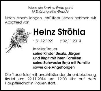Todesanzeige von Heinz Ströhla von Plauen