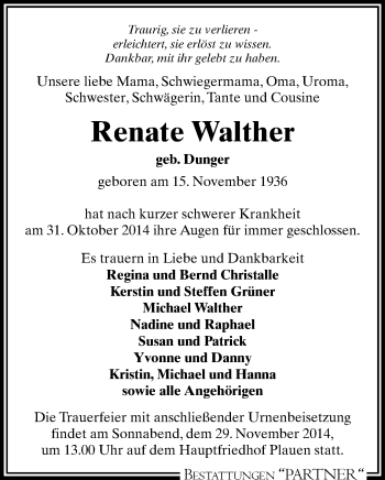 Todesanzeige von Renate Walther von Plauen