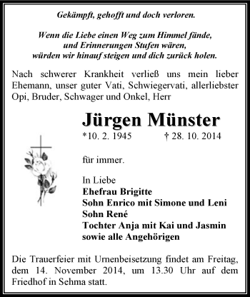 Todesanzeige von Jürgen Münster von Annaberg