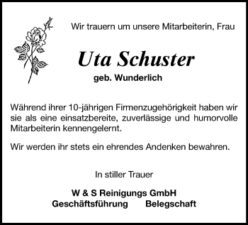 Todesanzeige von Uta Schuster von Plauen