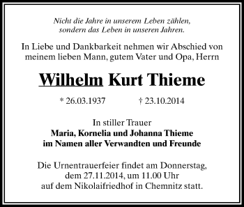 Todesanzeige von Wilhelm Kurt Thieme von Chemnitz