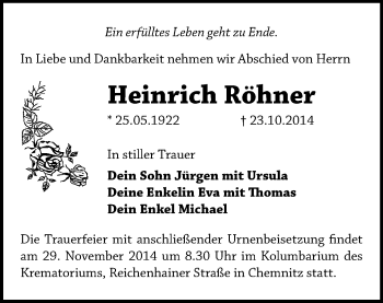 Todesanzeige von Heinrich Röhner von Chemnitz
