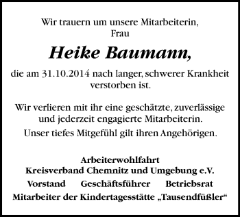 Todesanzeige von Heike Baumann von Chemnitz