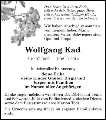 Todesanzeige von Wolfgang Kad von Plauen