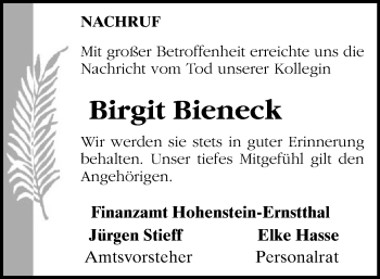 Todesanzeige von Birgit Bieneck von Chemnitz